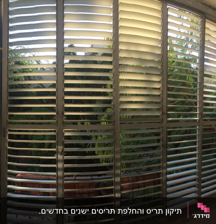 תריסים לבנים פתוחים עם מסגרת מתכת